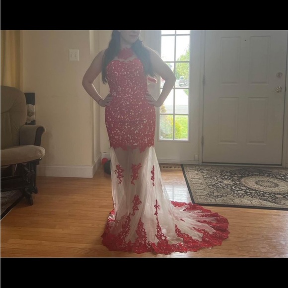 Red & white lace dress / formal unique long gown with train. Hebeos brand, size8 - Picture 3 of 6
